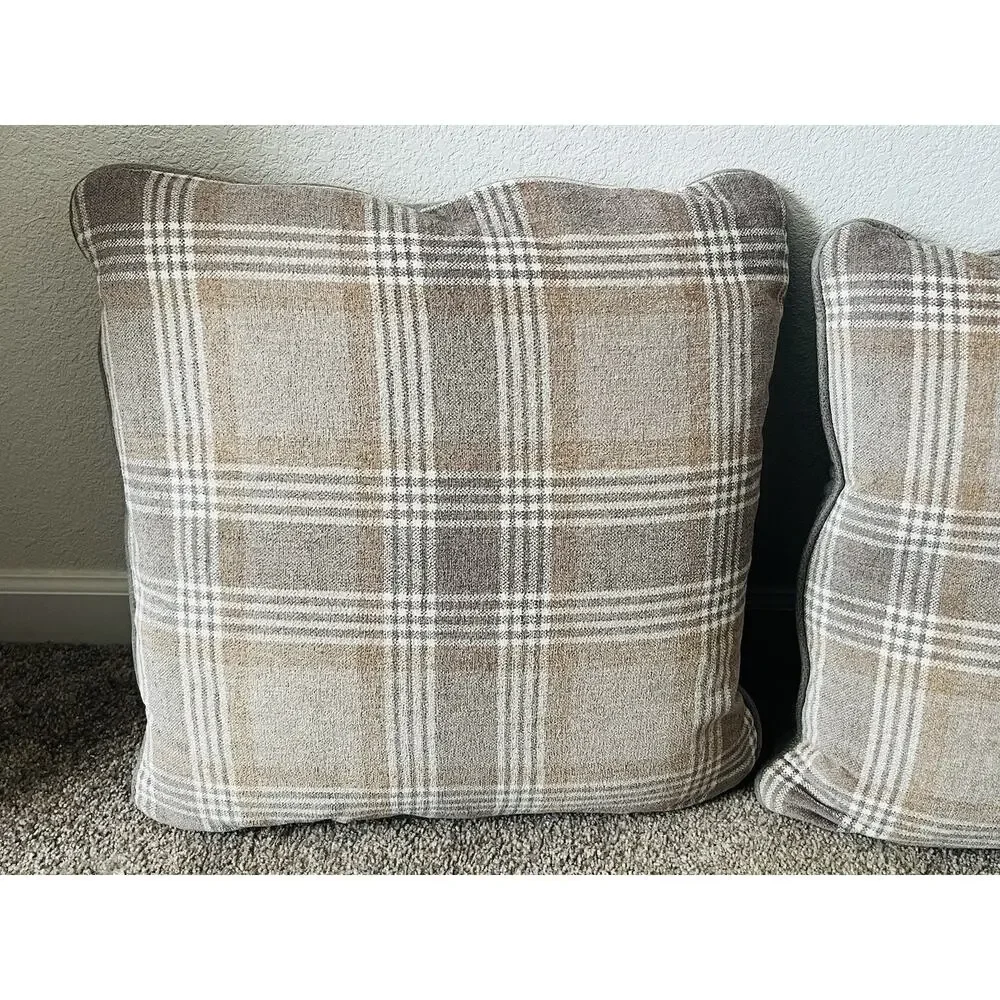 Set 2 Plaid 100% Waterfowl Feather Pillows Beige Tan Gray Grey Checkered Suede